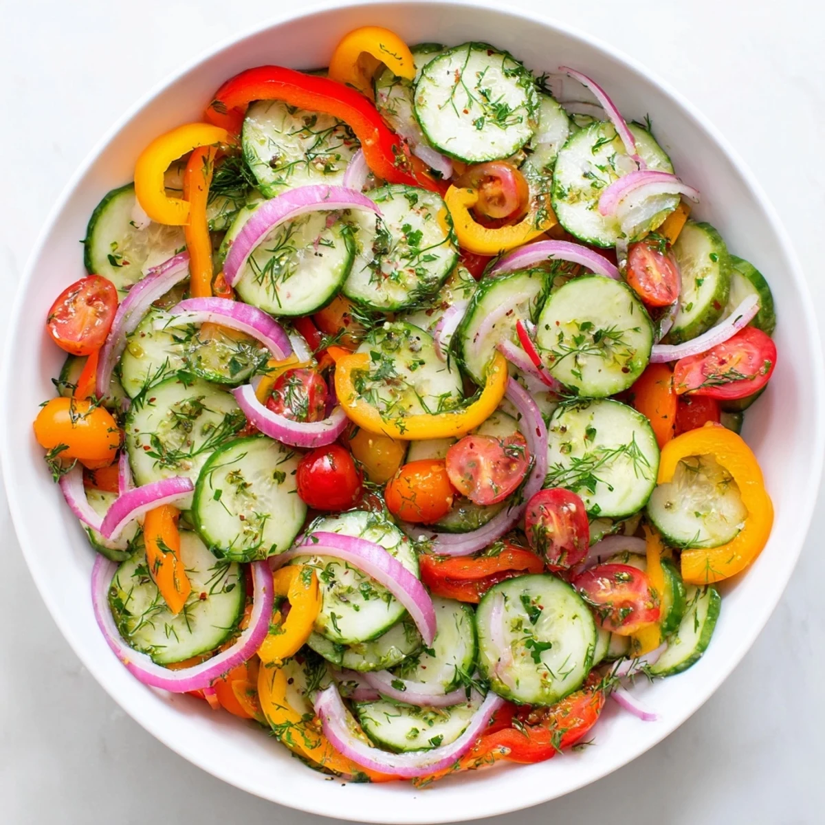 Fresh cucumber and sweet pepper salad with cherry tomatoes in a light herby dressing