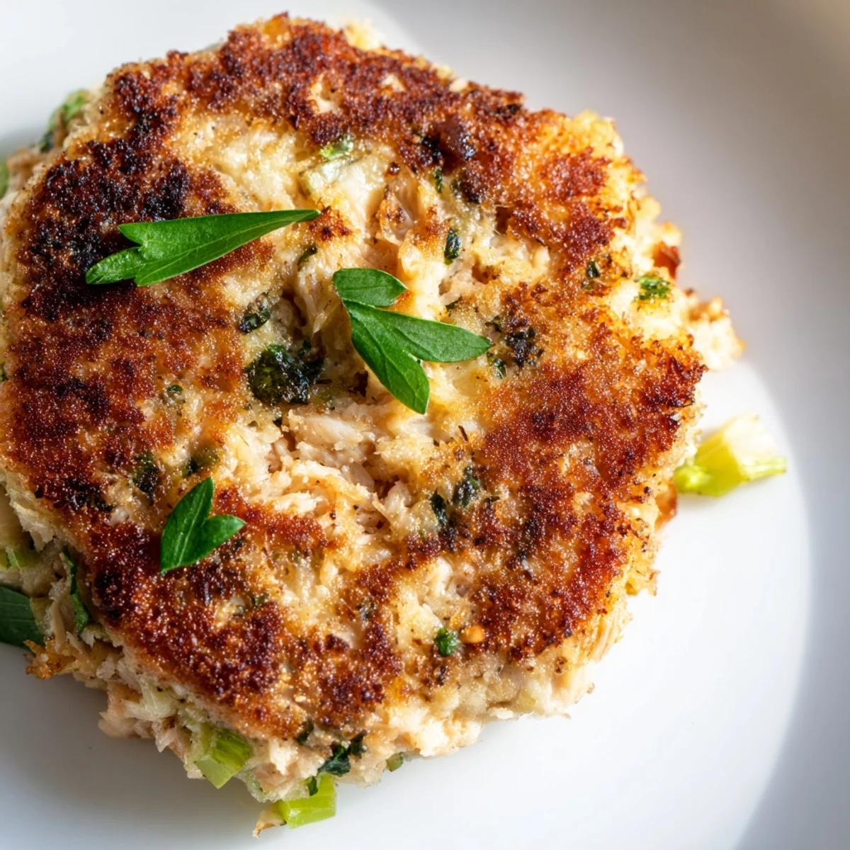 Tender easy salmon cakes with canned salmon sitting on a bed of fresh parsley garnish alongside dipping sauce