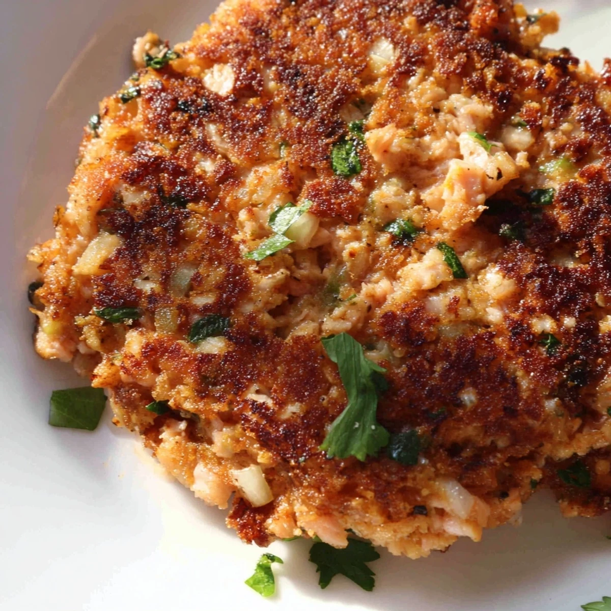Homemade salmon patties cooked until beautifully caramelized on the outside, plated with tartar sauce and zesty lemon slices