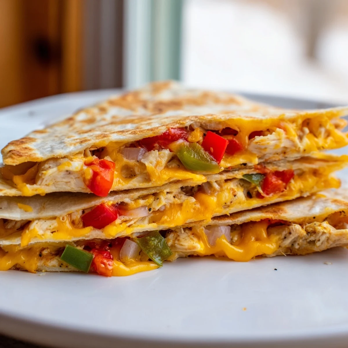 Savory chicken quesadilla wedges served with fresh salsa and creamy guacamole