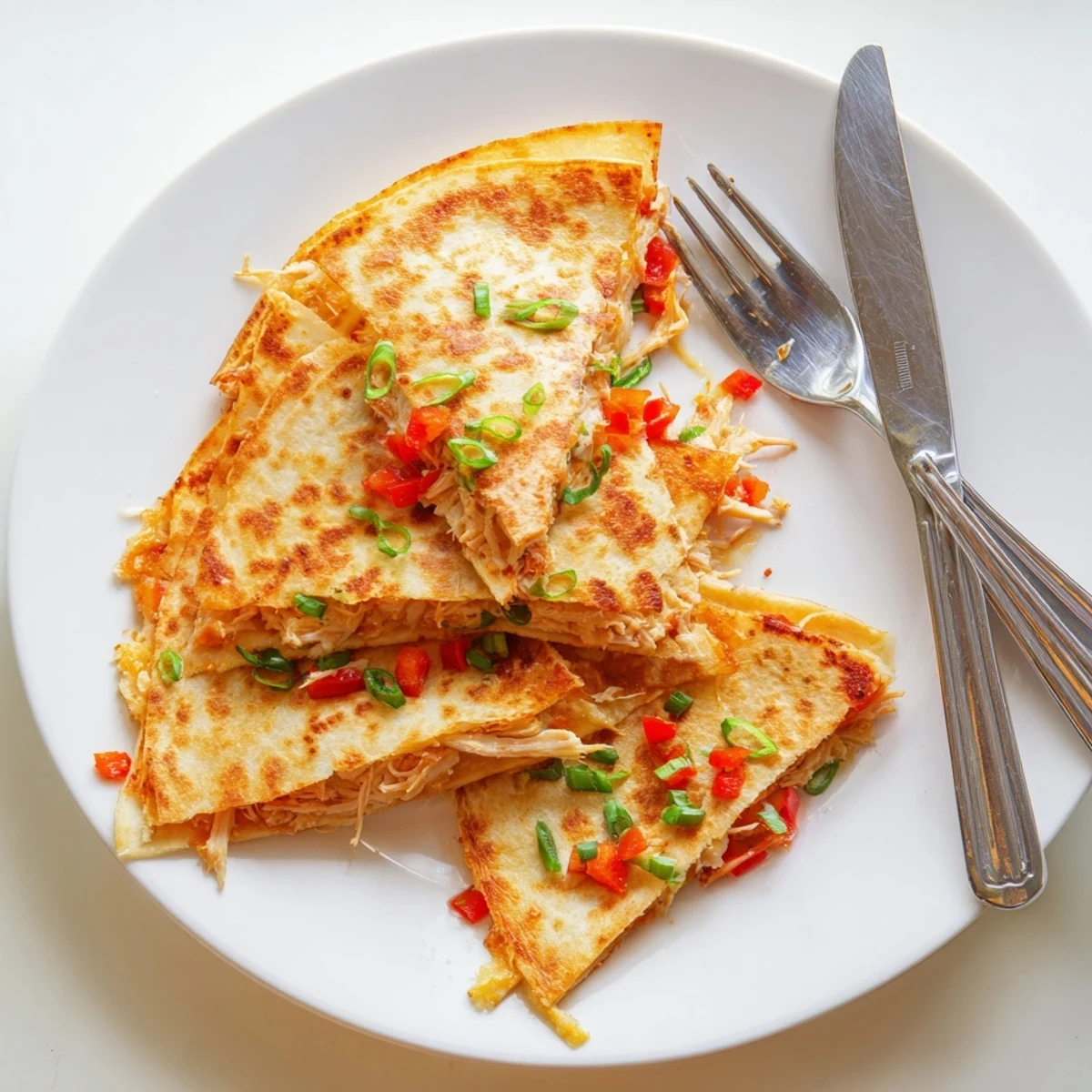 Golden baked chicken and cheese quesadillas cut into wedges on a white serving plate