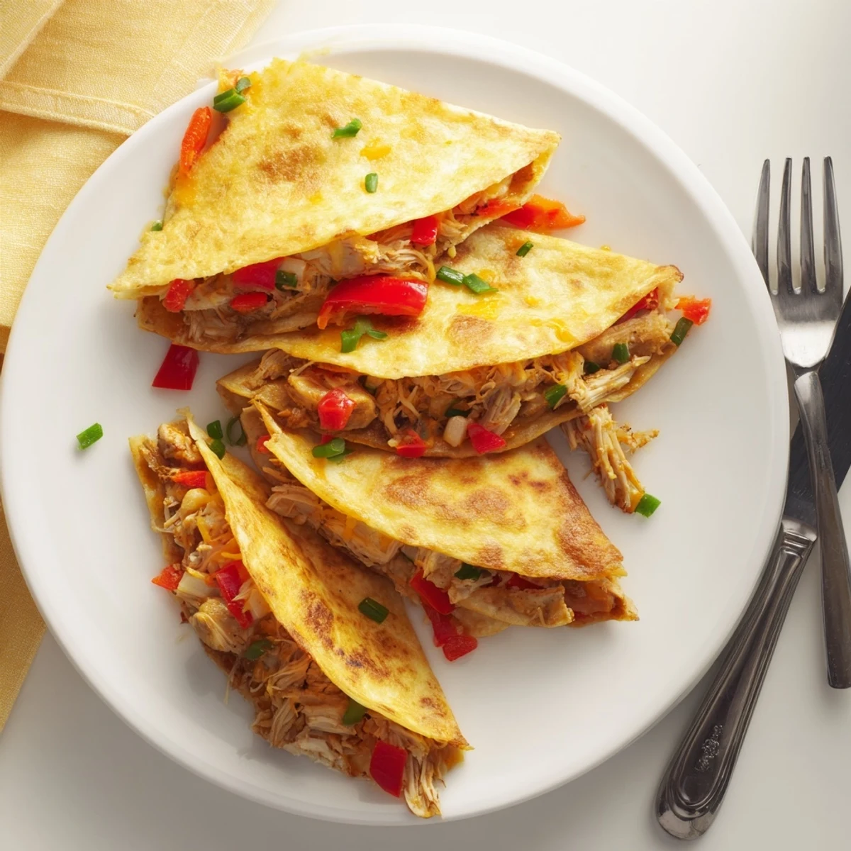 Crispy oven-baked quesadillas overflowing with seasoned shredded chicken and melted Mexican blend cheese