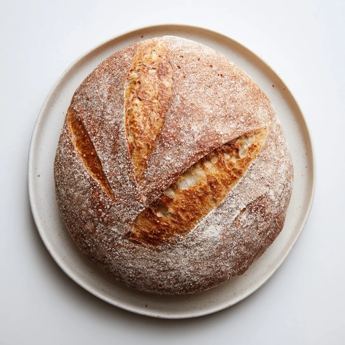 Golden brown crusty easy rustic bread loaf with deep scoring marks on a wooden board