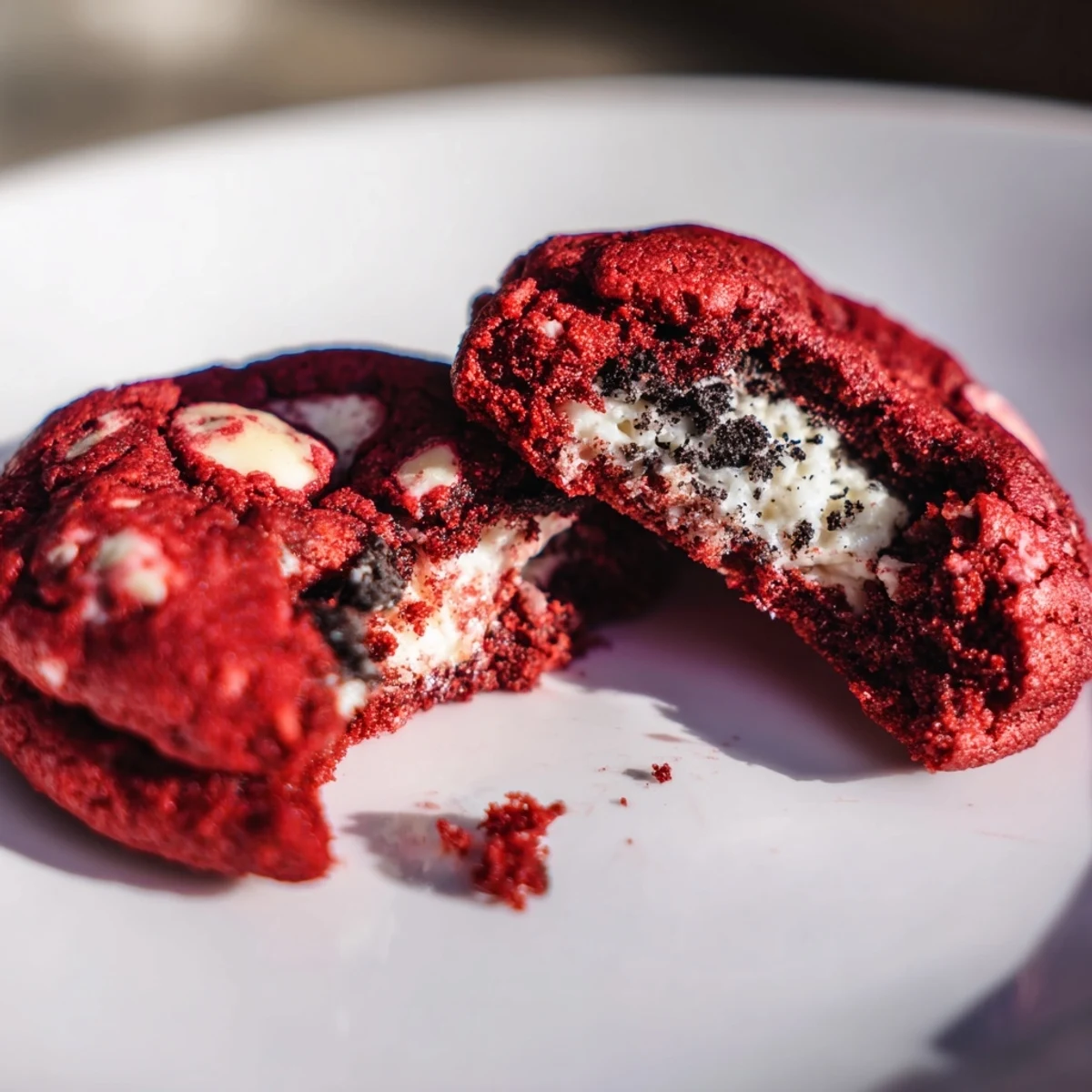 Chewy homemade red velvet Oreo cookies with cocoa and crushed Oreos inside
