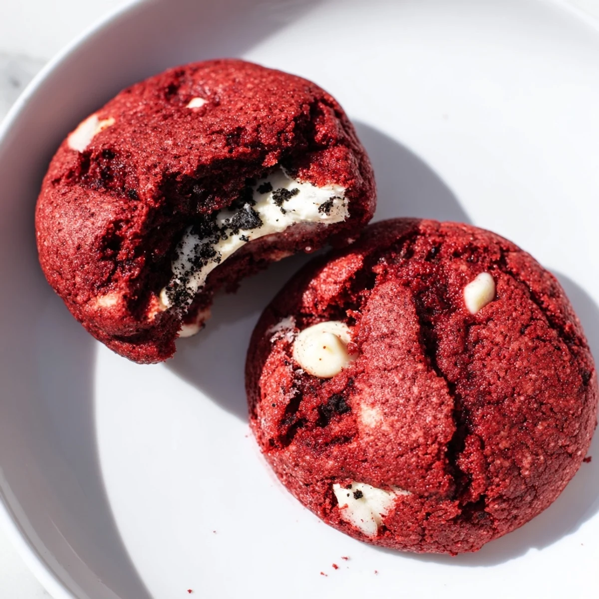 Soft red velvet Oreo cookies filled with sweet cream cheese and cookie pieces
