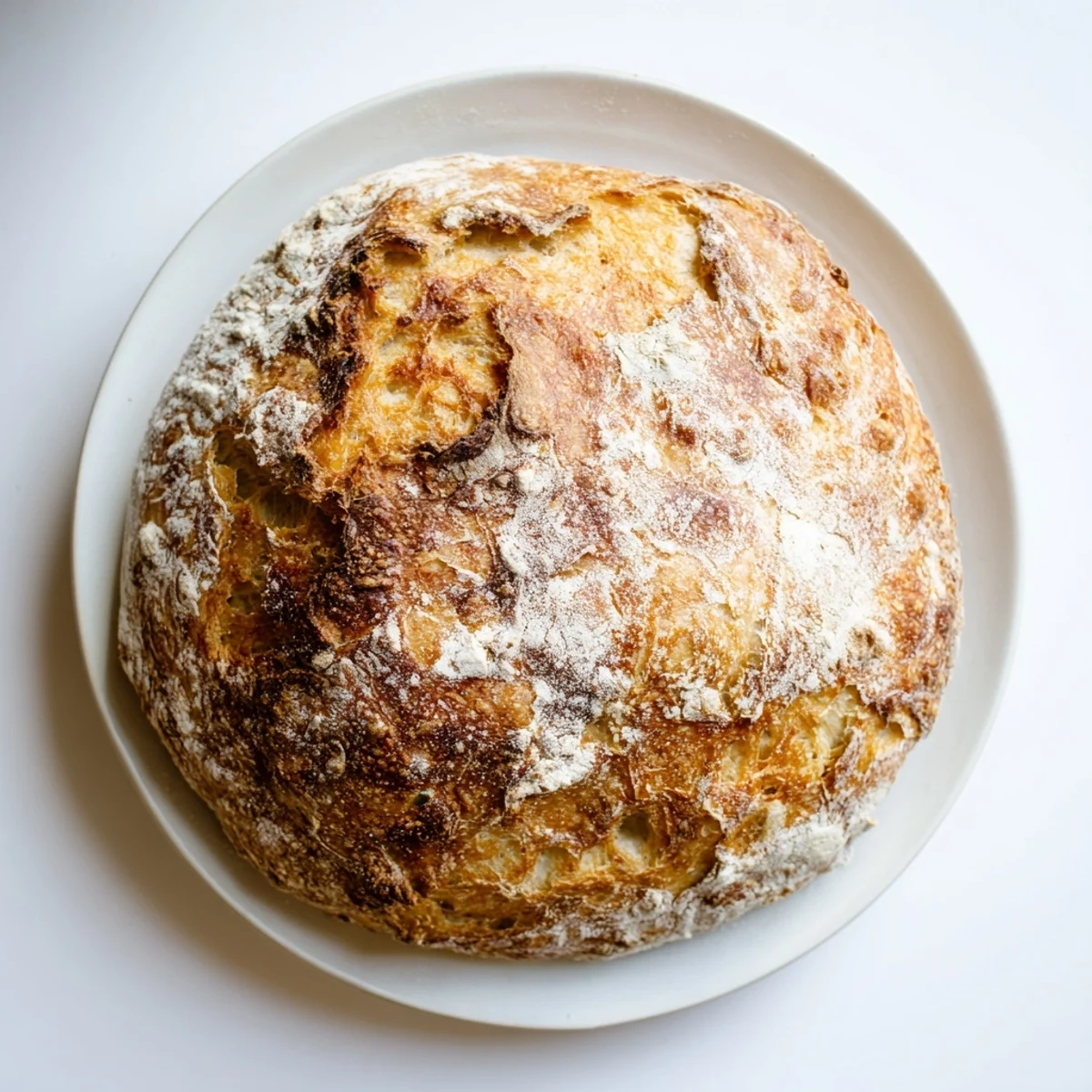 Rustic golden artisan no knead bread with deep crackly crust and airy chewy crumb