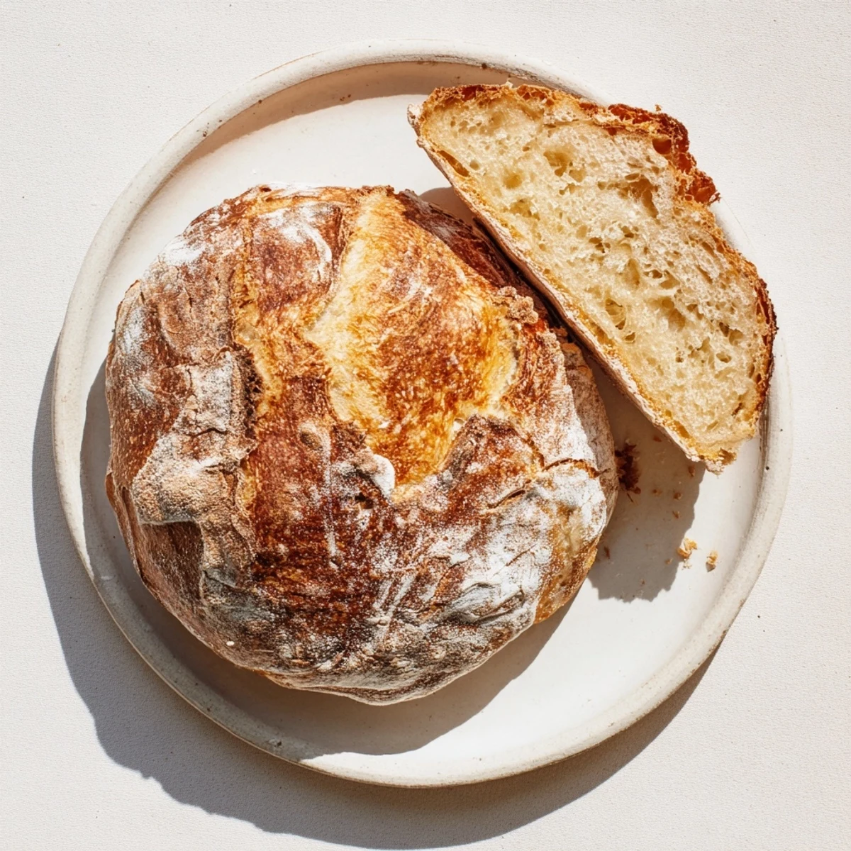 Sliced artisan no knead bread displaying soft interior texture and golden brown crusty surface