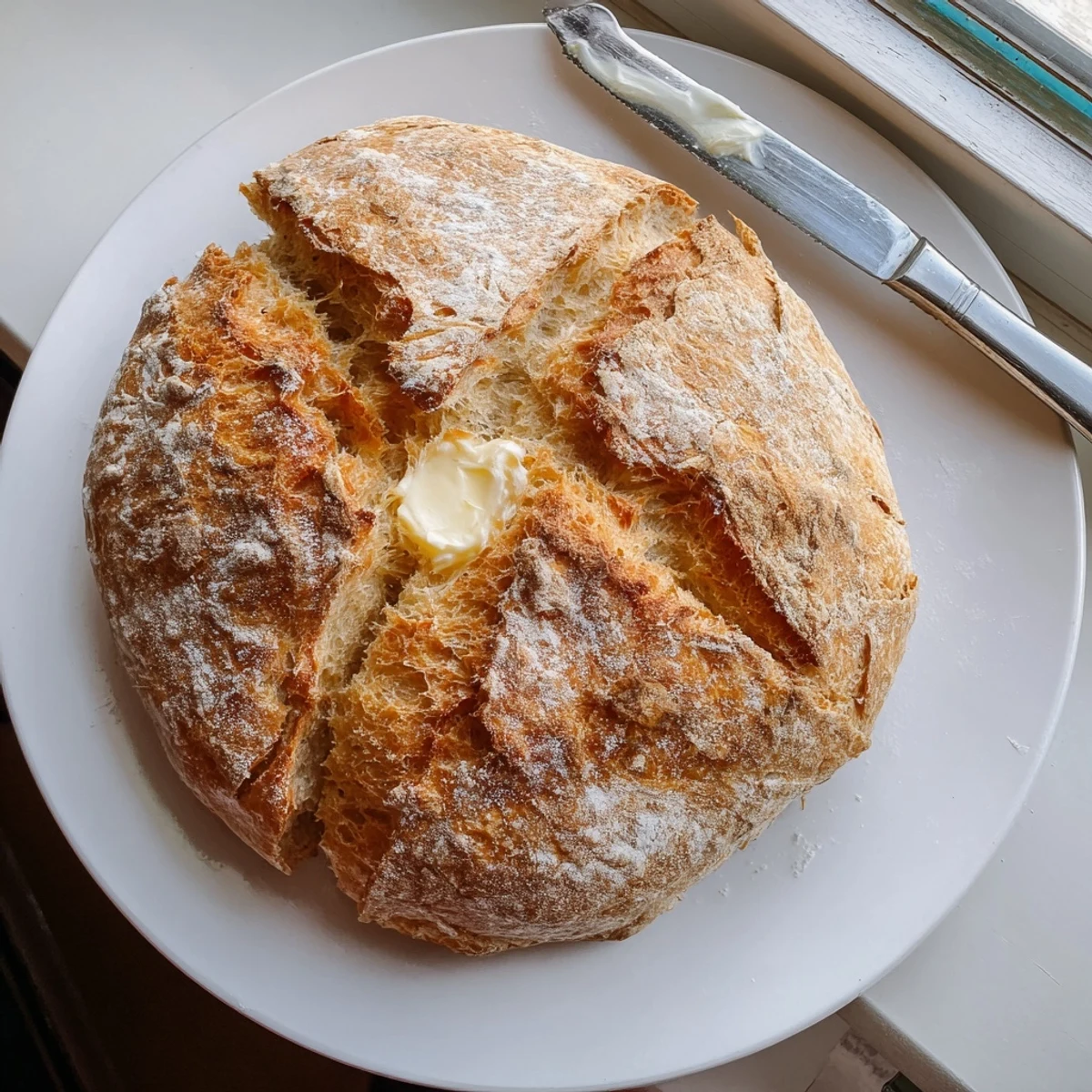 Skillet-cooked stovetop bread with golden crust served warm alongside melted butter