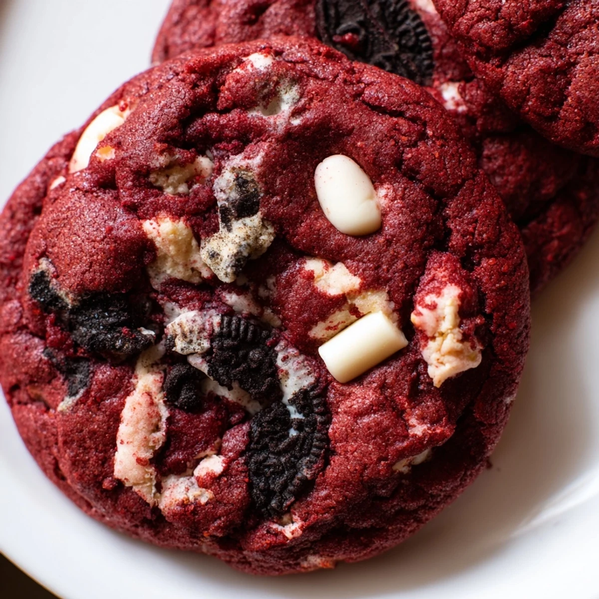 Soft baked red velvet Oreo cookies with white chocolate chips on a white plate