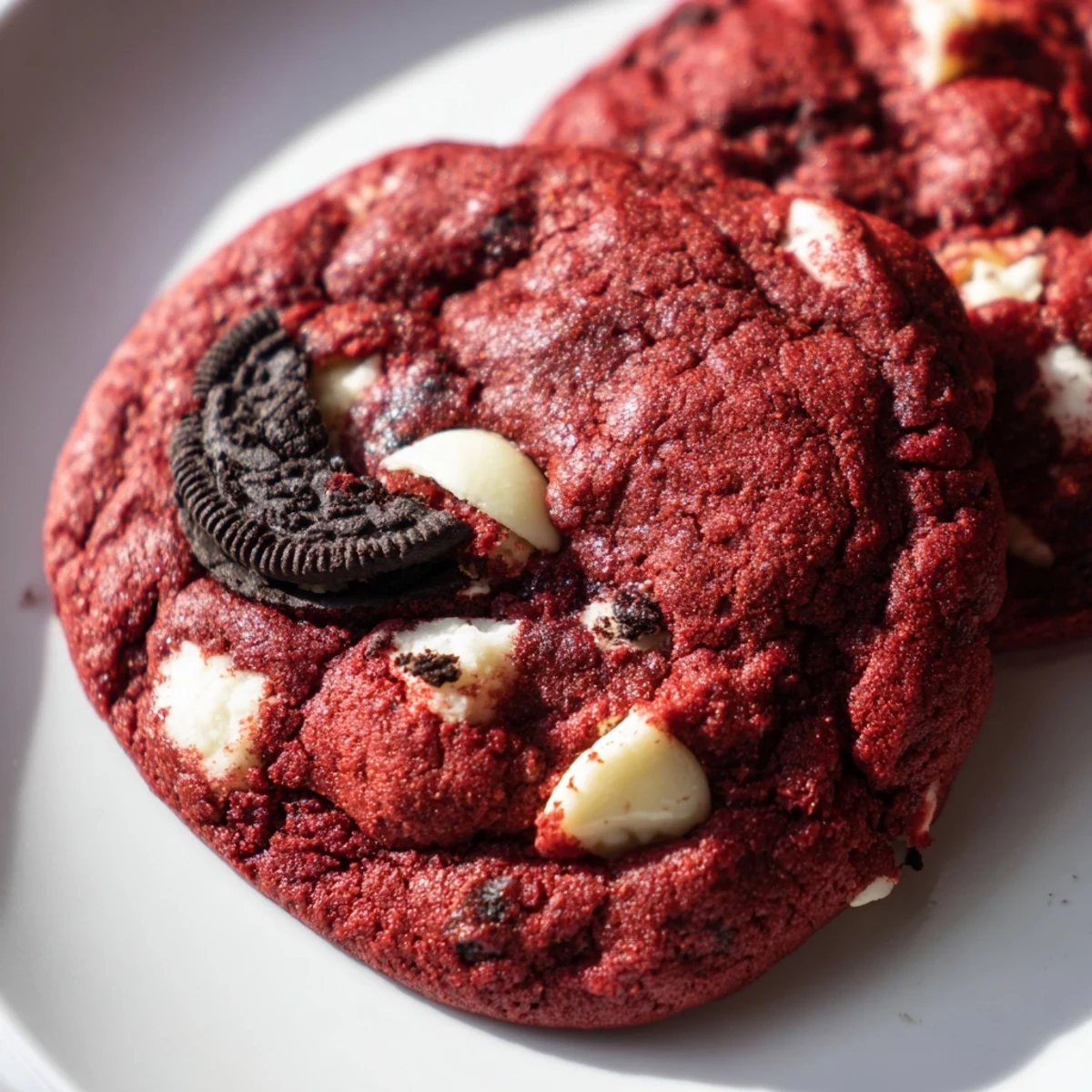 Freshly baked red velvet Oreo cookies featuring cracked tops and creamy white chips
