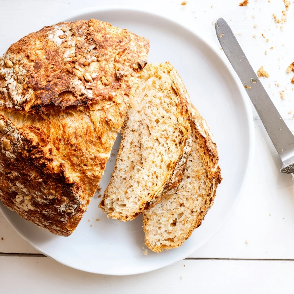 Golden crusty bread loaf with crackling exterior and soft chewy interior on wooden board