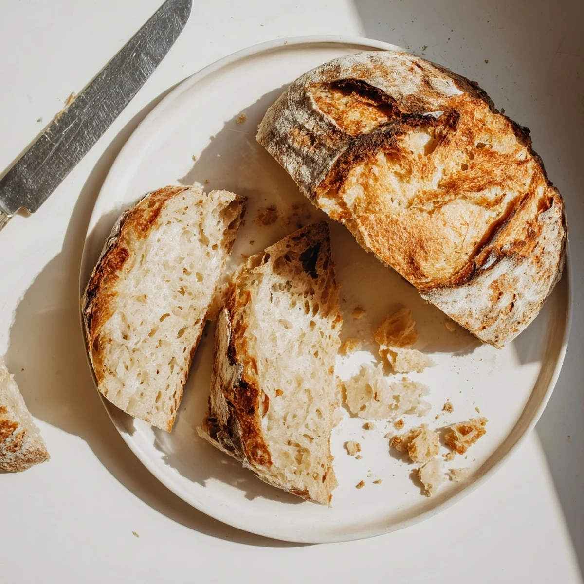Freshly baked crusty bread cooling on wire rack with deep golden brown crusty surface