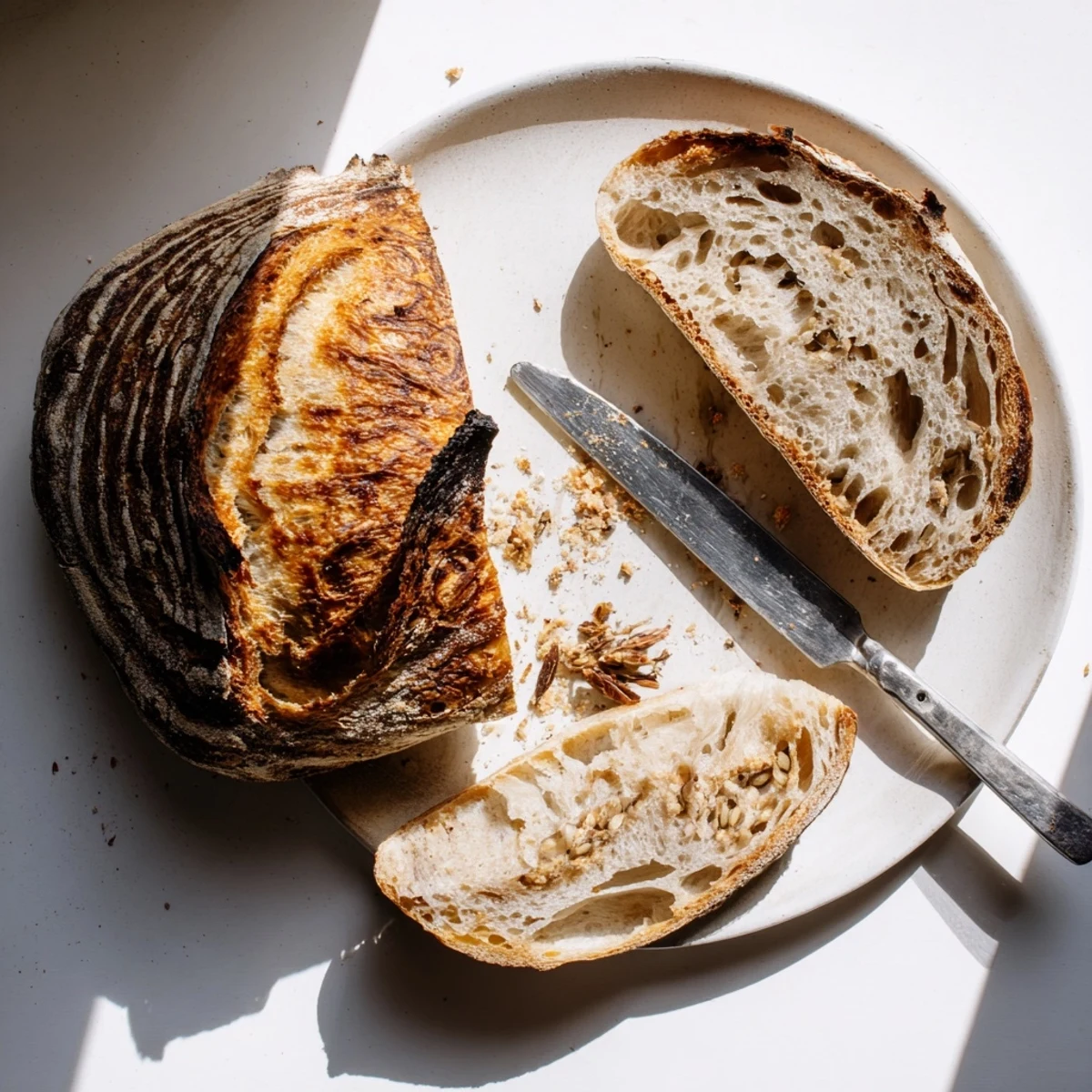 Sliced artisan crusty bread loaf spread with butter showing airy holes and crisp crust