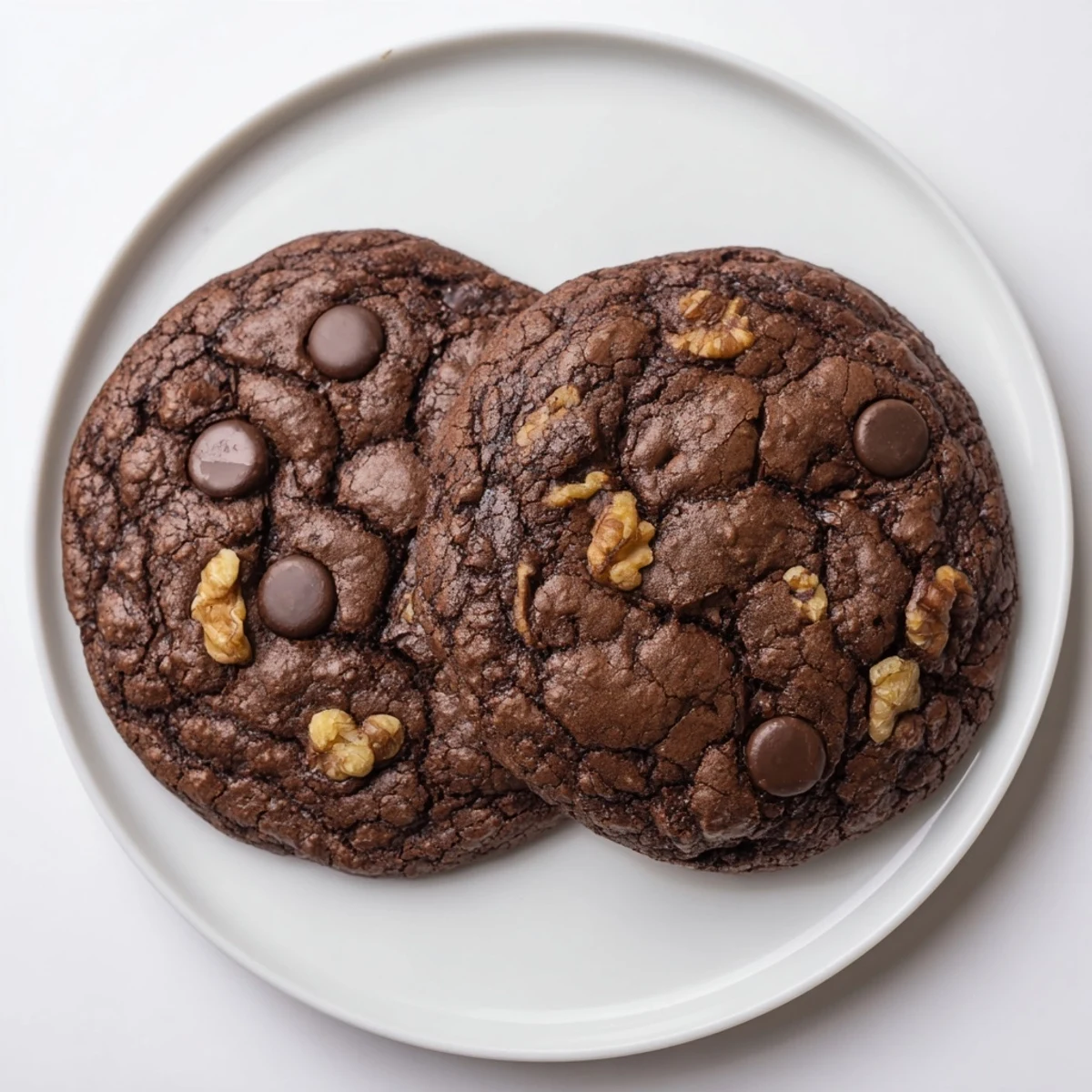Batch of freshly baked sourdough brownie cookies cooling on wire rack with fudgy centers