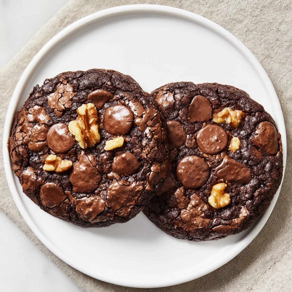 Close up of chocolate sourdough brownie cookies displaying crackly texture and rich fudgy crumbs
