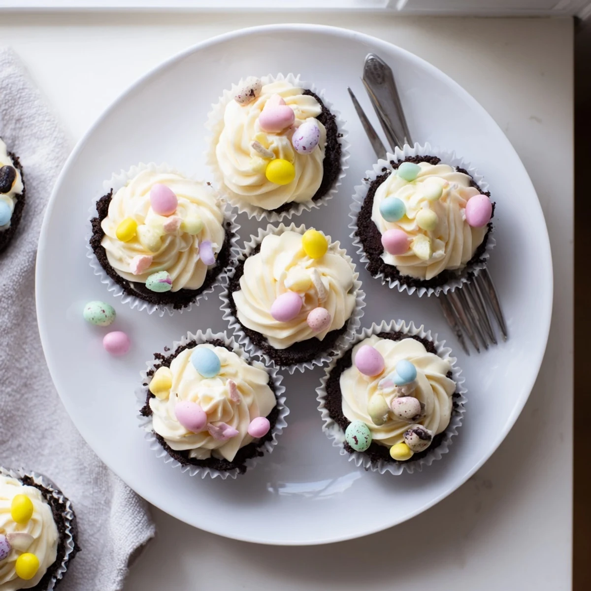 Creamy Easter Cadbury Mini Cheesecakes with chocolate cookie crust garnished with pastel mini eggs for spring