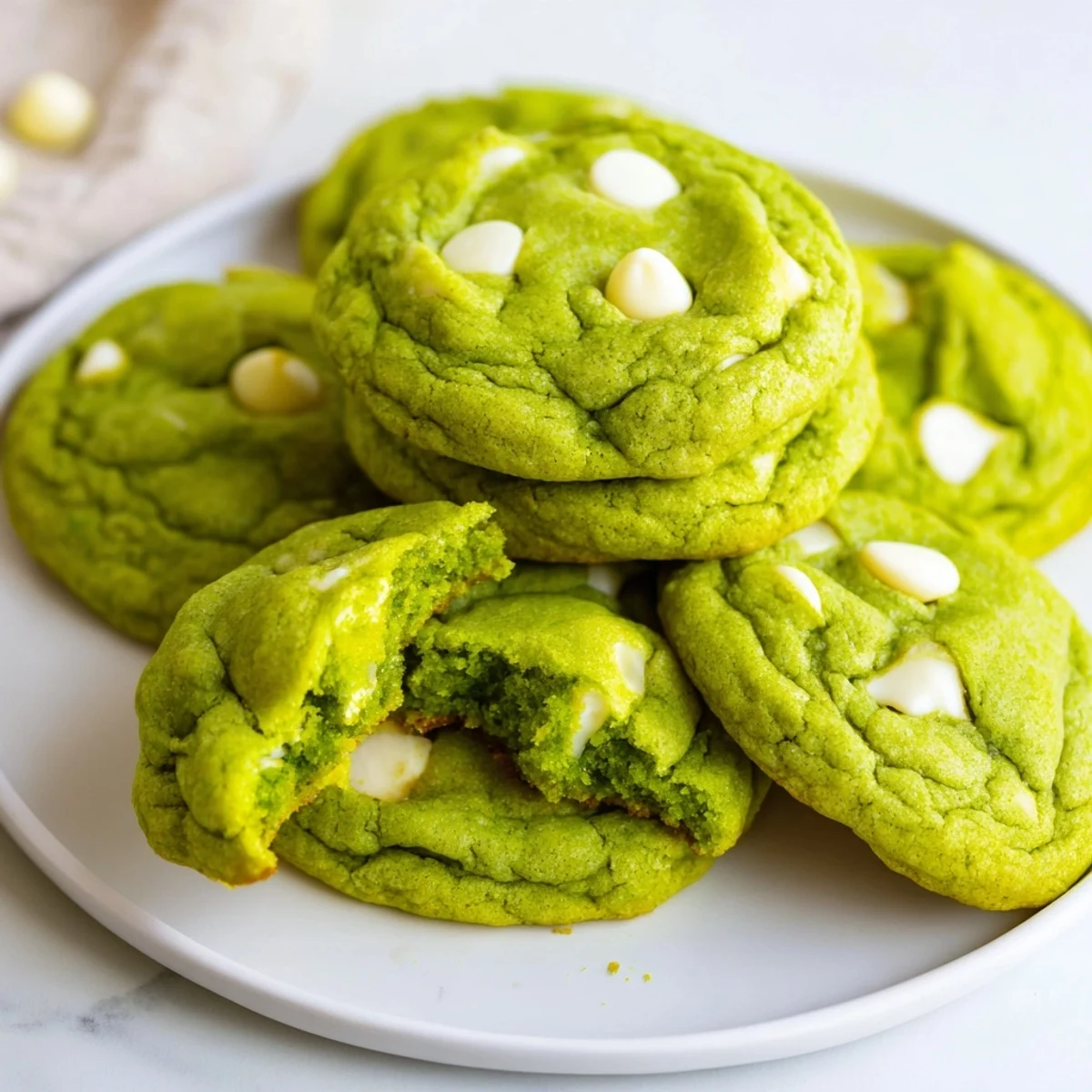Soft green velvet cookies studded with melted white chocolate chips on a wire cooling rack