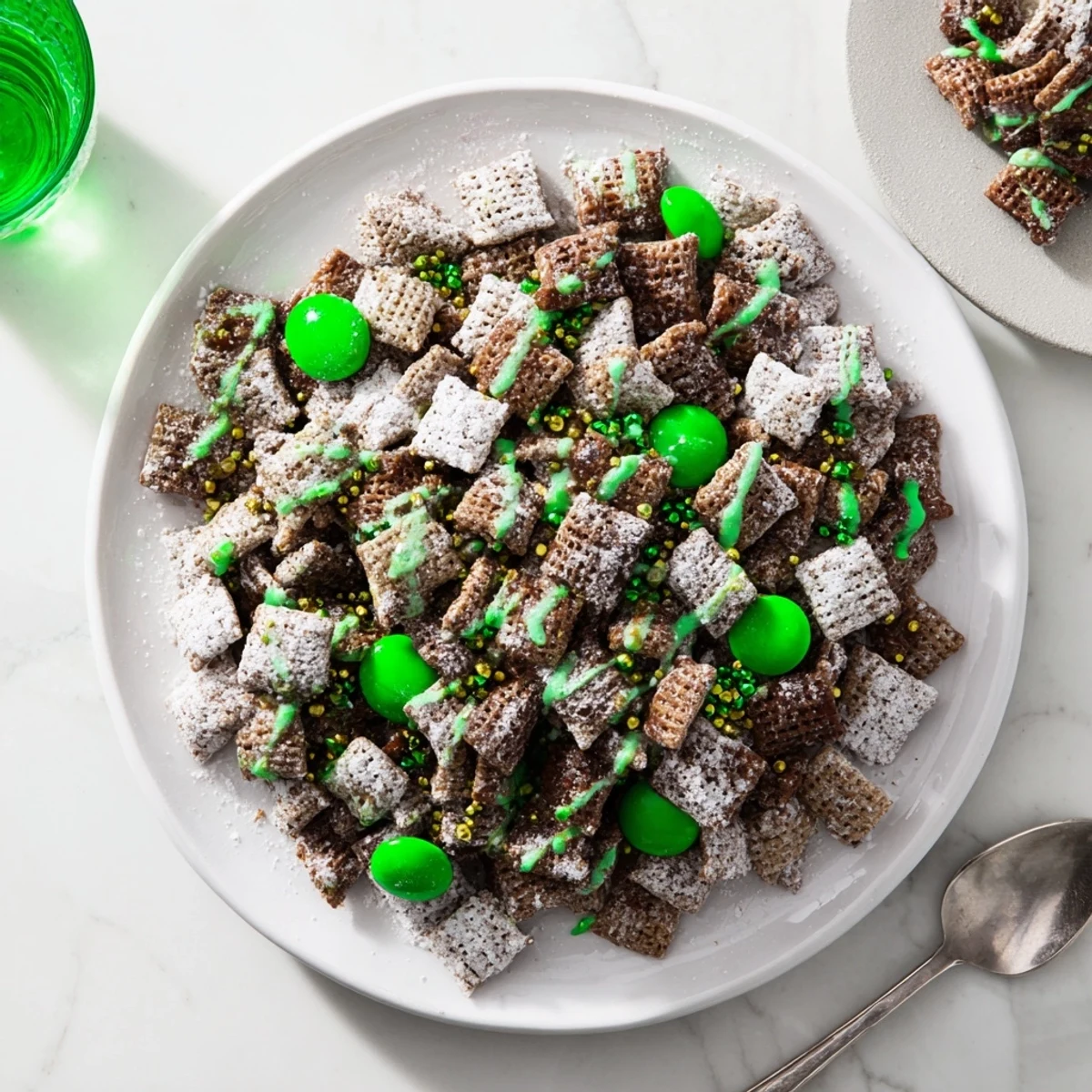 Crunchy St. Patricks Day puppy chow snack mix dusted with powdered sugar and topped with green candy melts