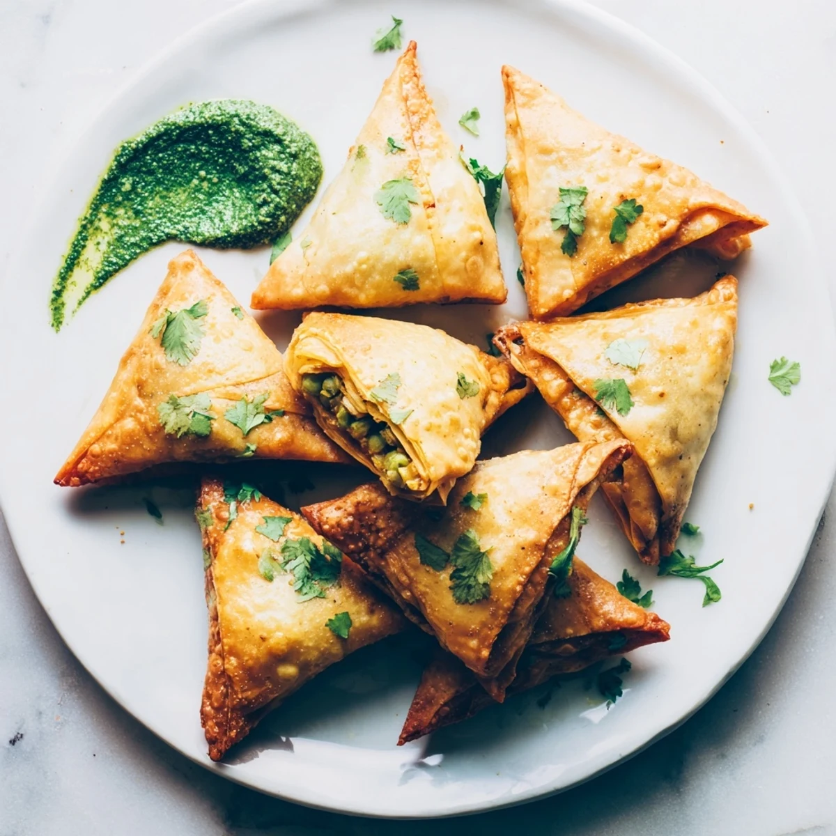 Golden vegetable samosas featuring crispy fried pastry filled with spiced potato and pea mixture