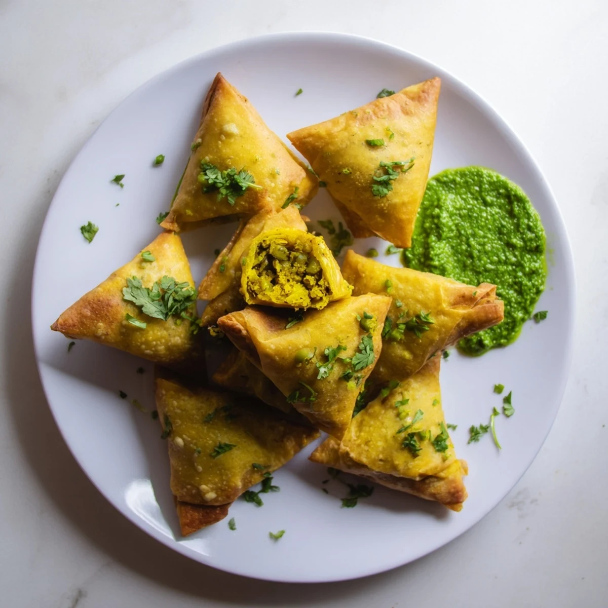 Homemade vegetable samosas arranged on serving plate with mint chutney dipping sauce