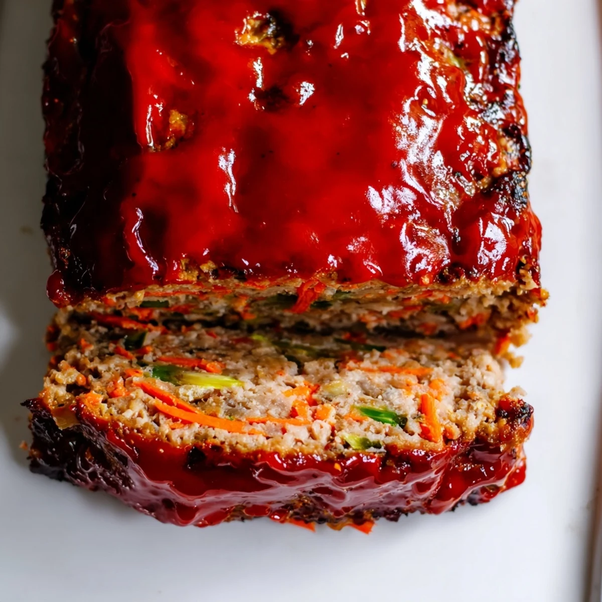 Sliced Korean meatloaf with gochujang glaze showing tender juicy texture and glossy reddish coating