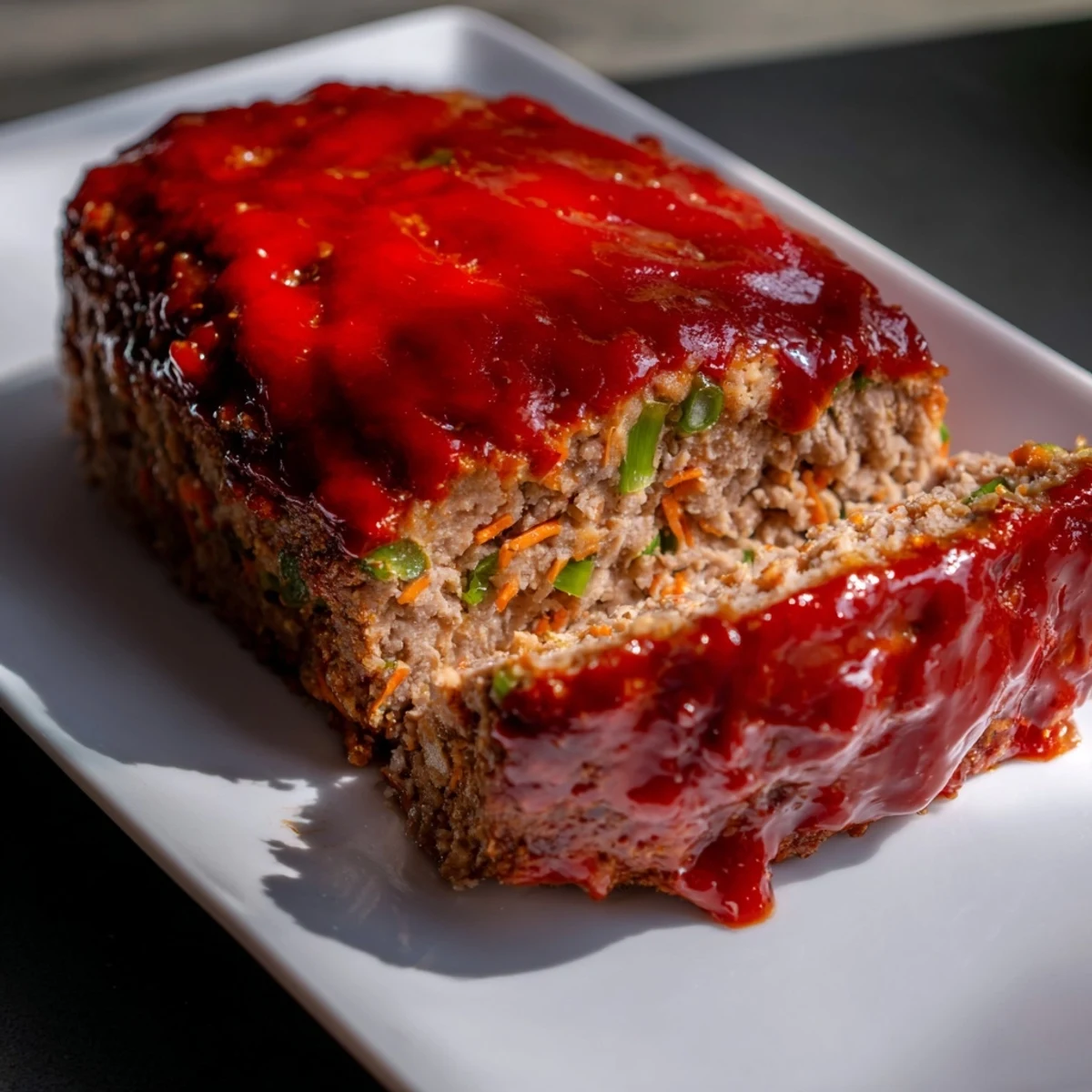Korean meatloaf with gochujang glaze plated whole on serving board with brushed spicy sweet topping