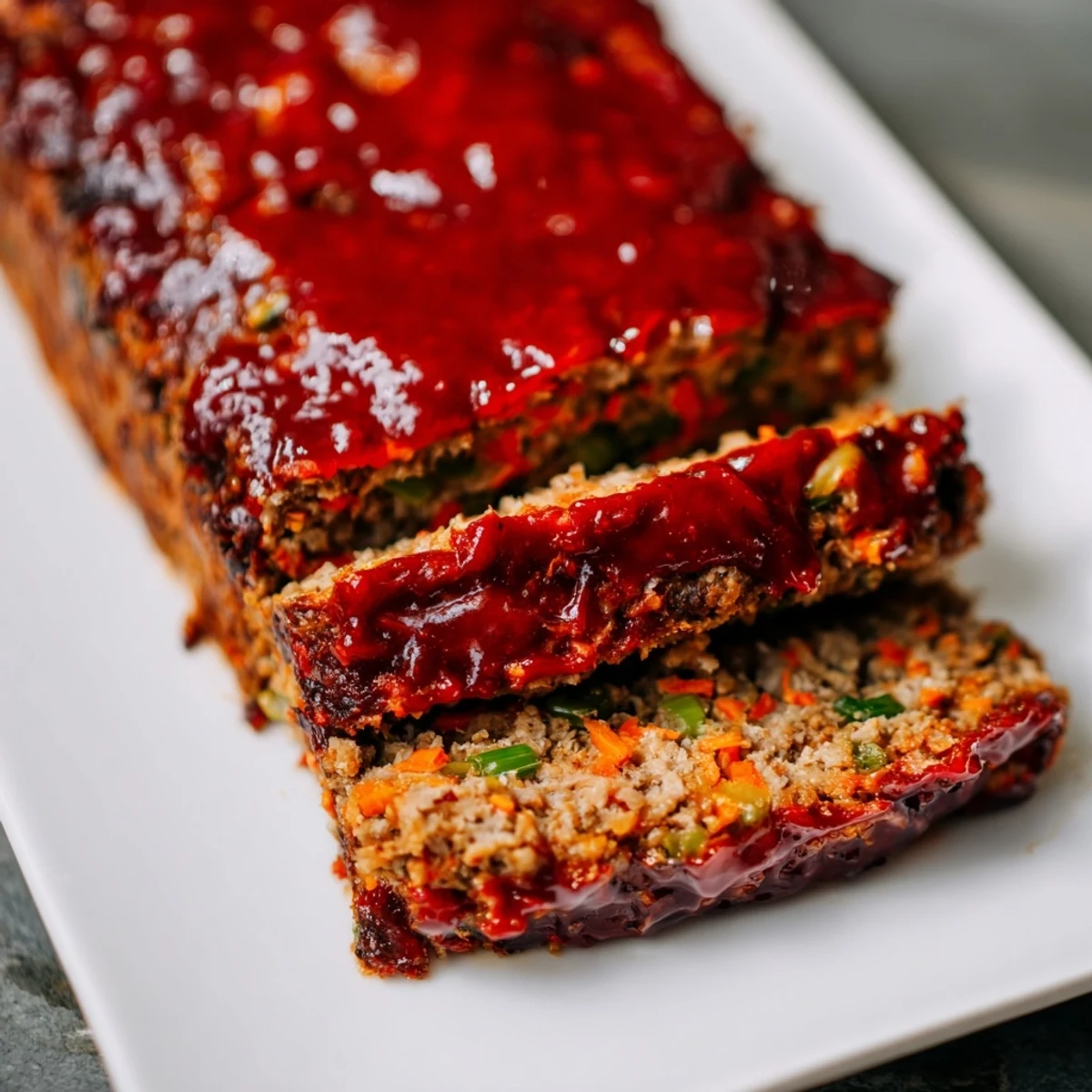 Fresh baked Korean meatloaf with gochujang glaze garnished with sliced green onions and sesame seeds