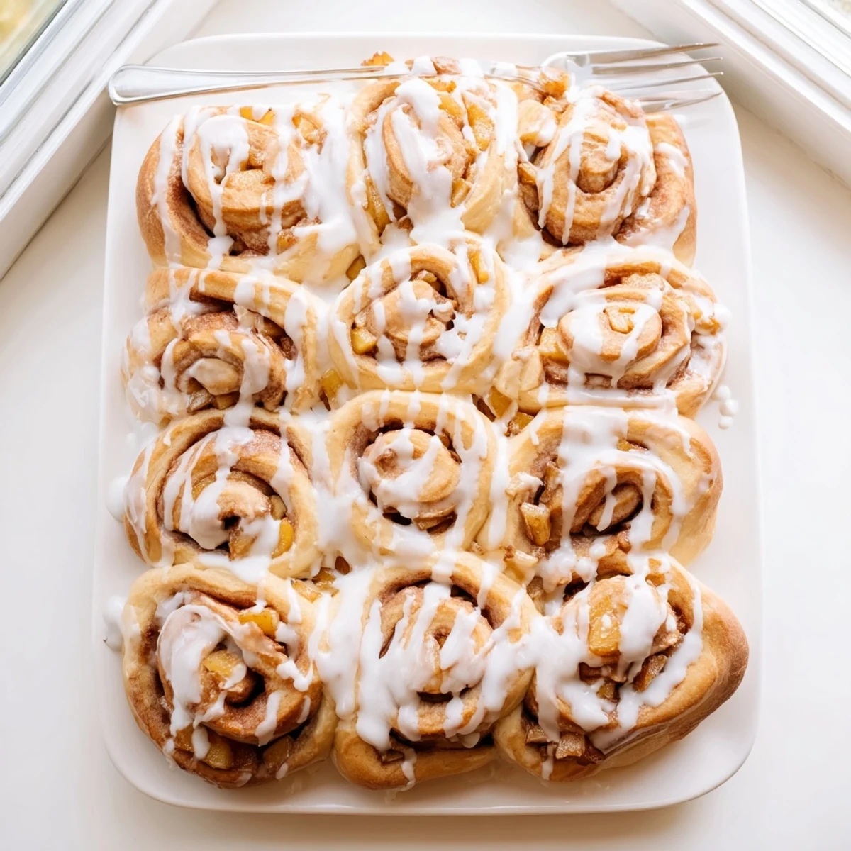 Golden peach pie cinnamon rolls drizzled with vanilla glaze on a baking sheet