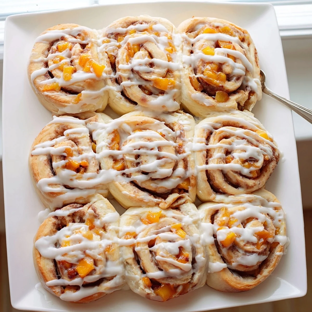 Fluffy homemade cinnamon rolls stuffed with spiced peach filling and white icing topping