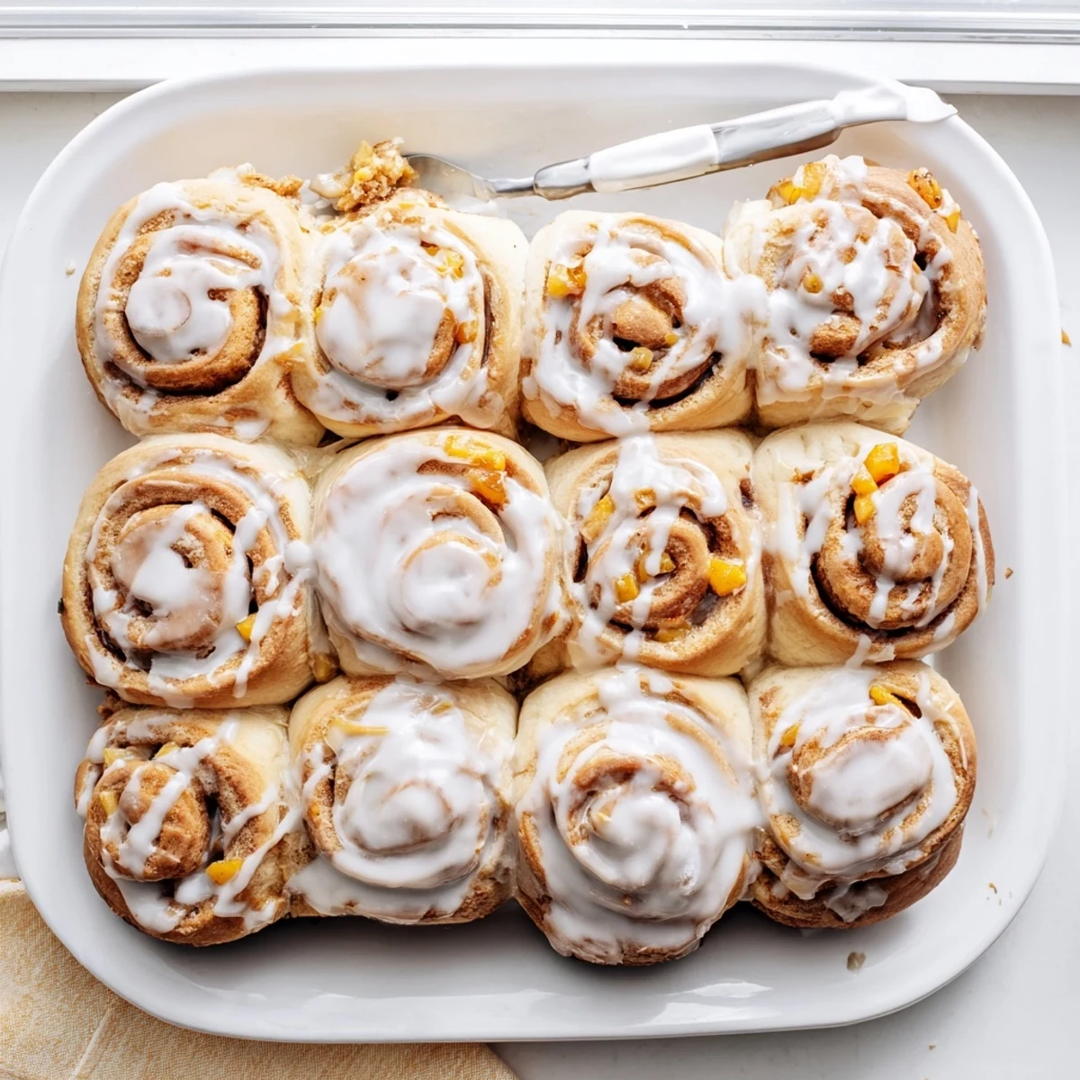 Warm peach pie cinnamon rolls with sweet fruit swirl and creamy vanilla glaze