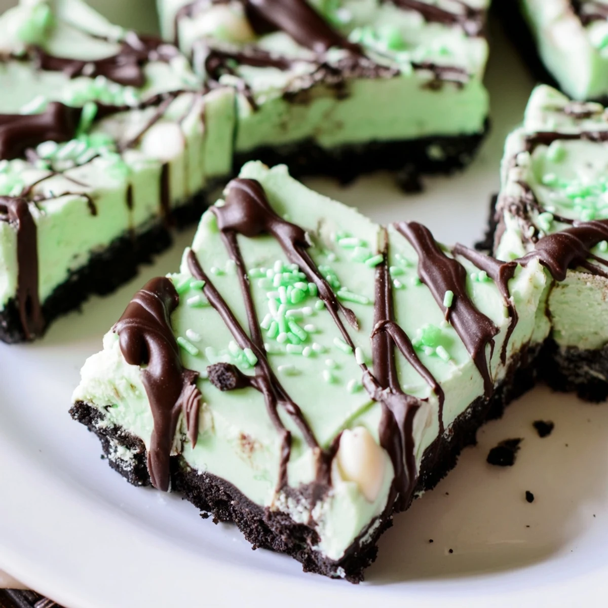 Rich St. Patricks Irish Mint Cheesecake Fudge Squares drizzled with dark chocolate on a chocolate cookie crust