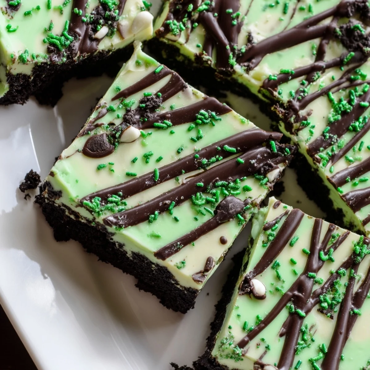 Freshly cut green St. Patricks Irish Mint Cheesecake Fudge Squares topped with festive sprinkles on a white plate