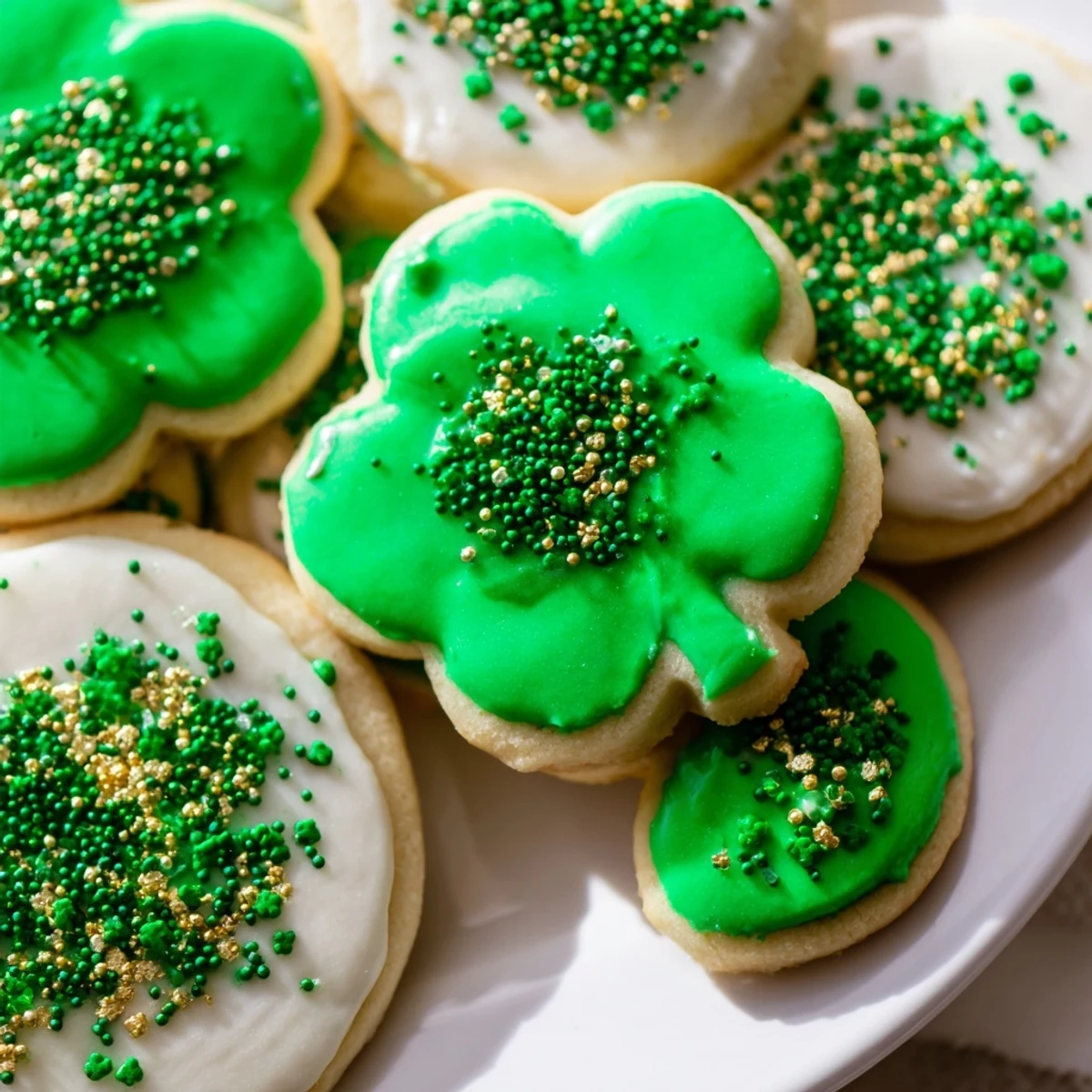 Festive St. Patricks Day sugar cookies topped with vibrant green icing and gold sprinkles