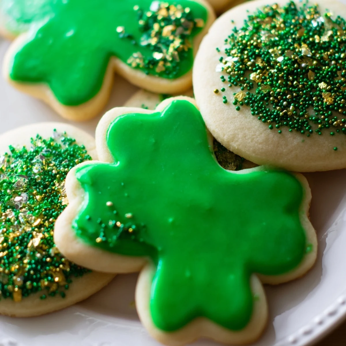 Tender homemade sugar cookies decorated with green royal icing for St. Patricks Day celebrations