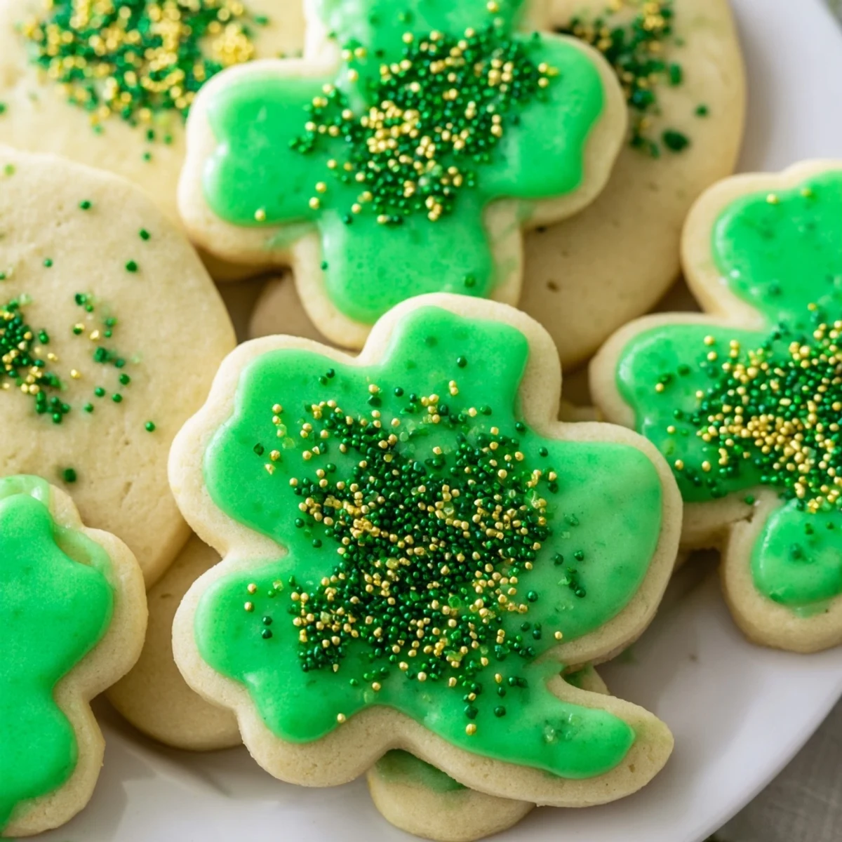 Batch of soft St. Patricks Day sugar cookies with green glaze and festive sprinkles on white plate