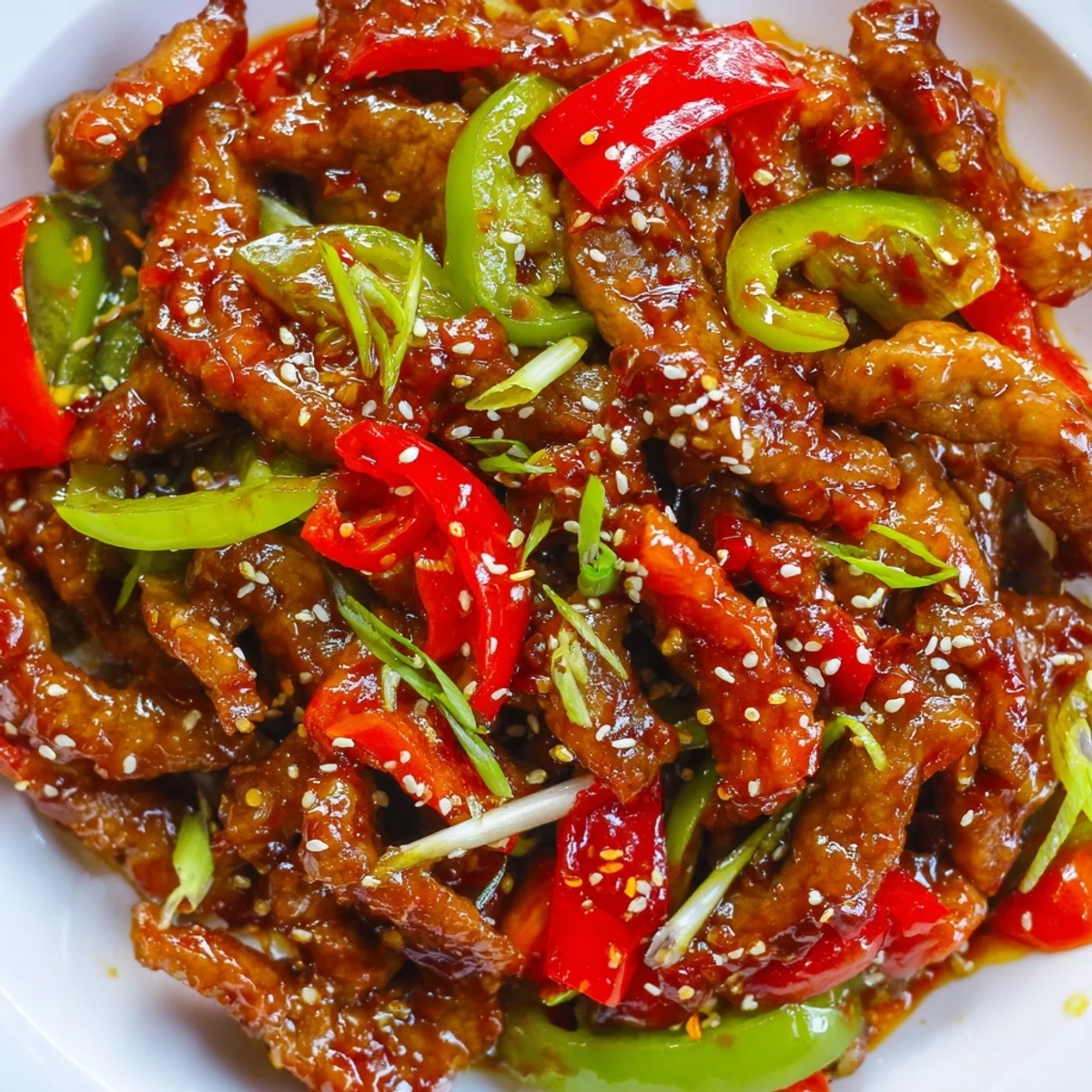 Golden crispy chilli beef strips tossed in spicy glazed sauce with vibrant bell peppers and fresh spring onions