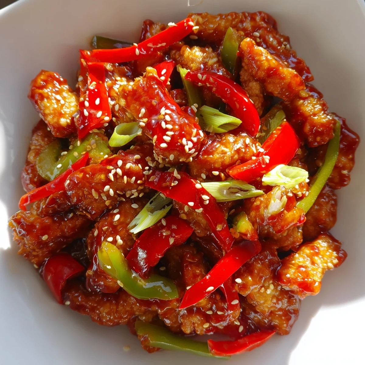 Homemade crispy chilli beef served over steaming white rice with red and green pepper slices and sesame garnish