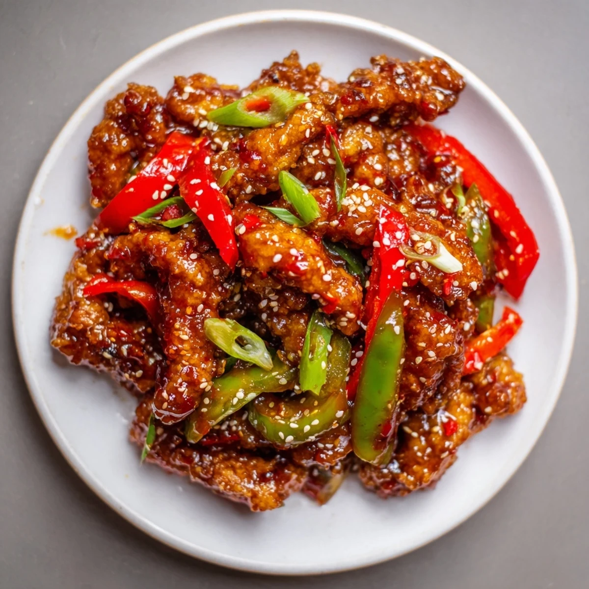 Plate of crispy chilli beef featuring tender fried steak coated in tangy sweet chilli sauce with colorful vegetables