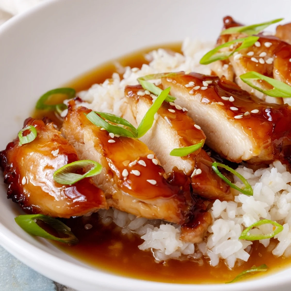 Bowl of tender caramelized soy chicken submerged in fragrant broth and served over steaming jasmine rice