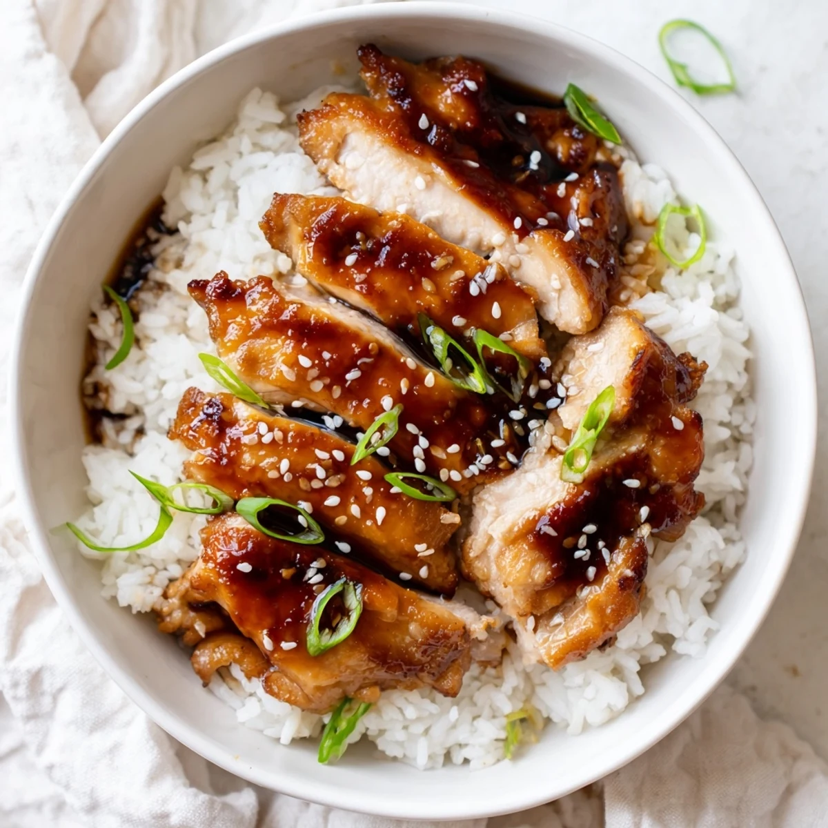 Golden chicken pieces glazed in caramelized soy sauce floating in aromatic garlic ginger broth beside fluffy white rice