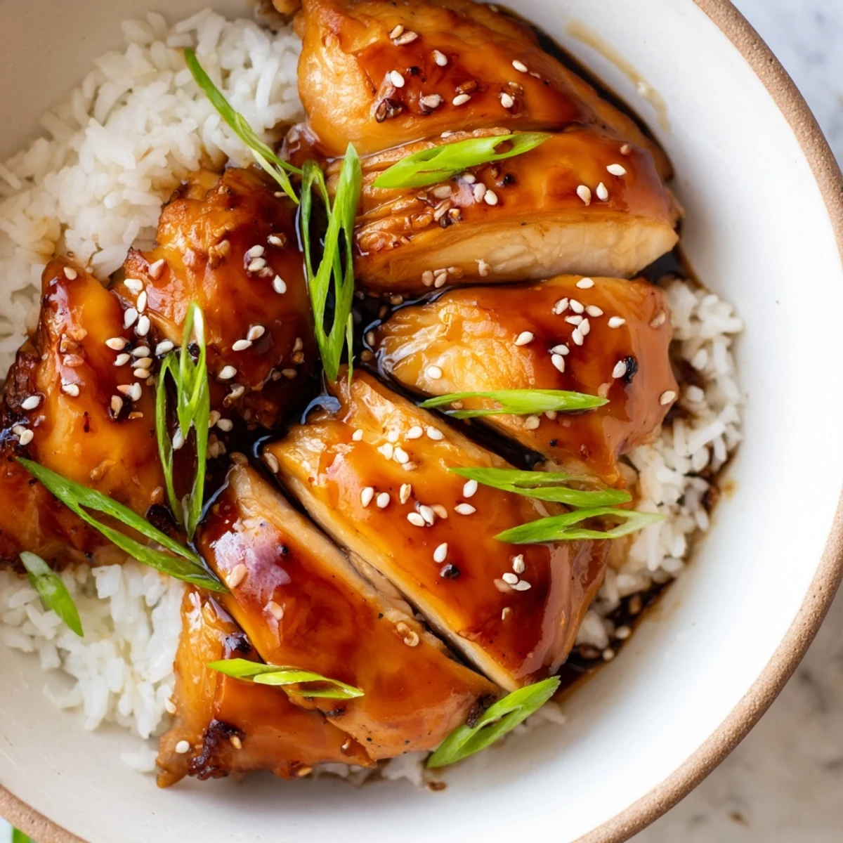 Sliced chicken thighs with sweet soy caramel glaze in garlic ginger broth over a bed of white rice