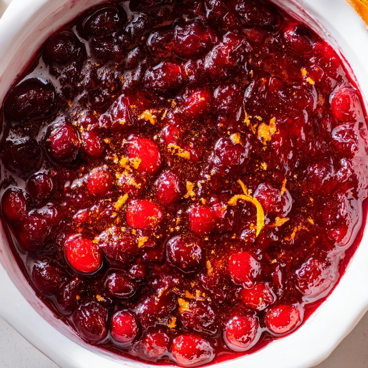 Glossy ruby red homemade cranberry sauce studded with plump burst berries in a white serving bowl