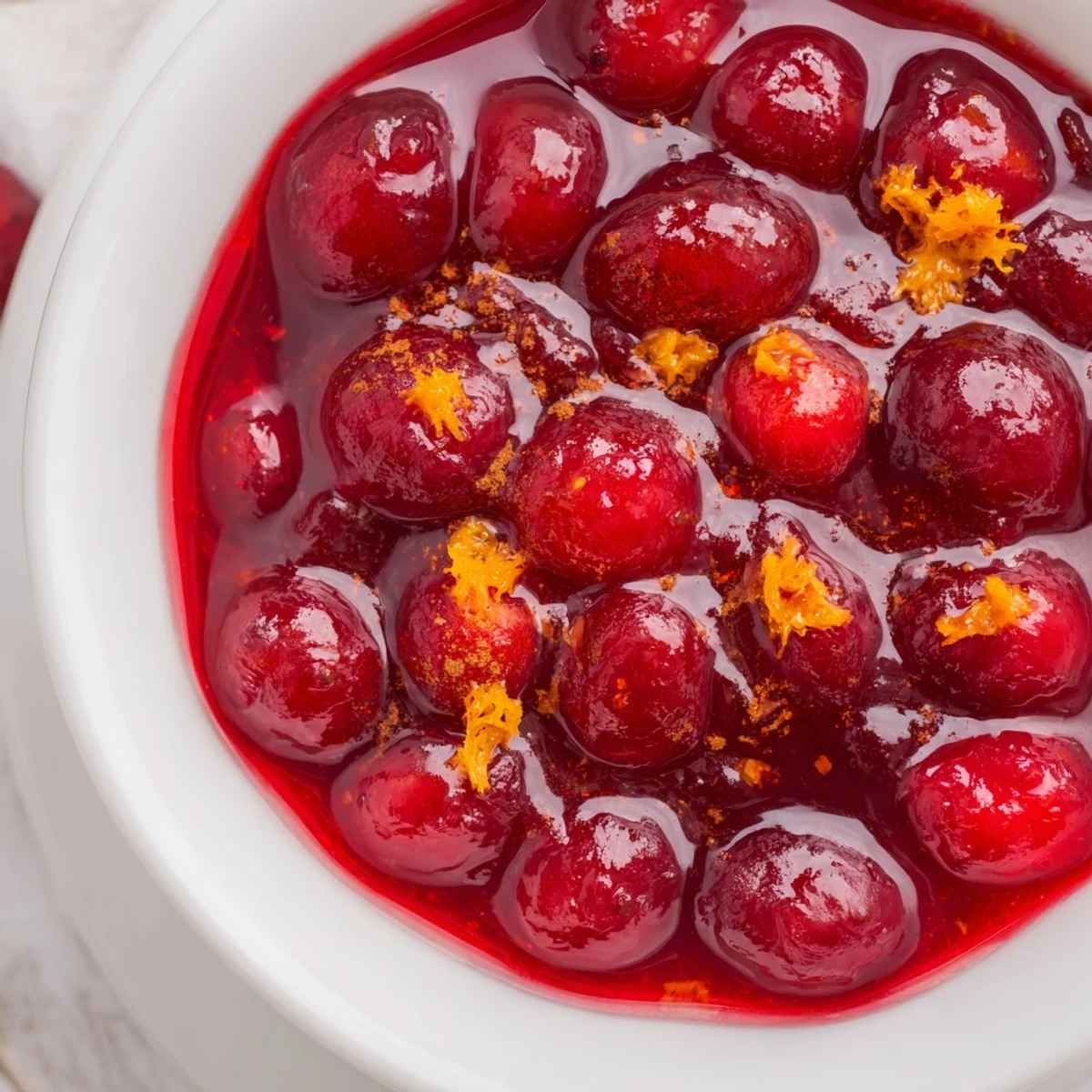 Tangy sweet homemade cranberry sauce cooling in glass dish, garnished with fresh orange zest swirl