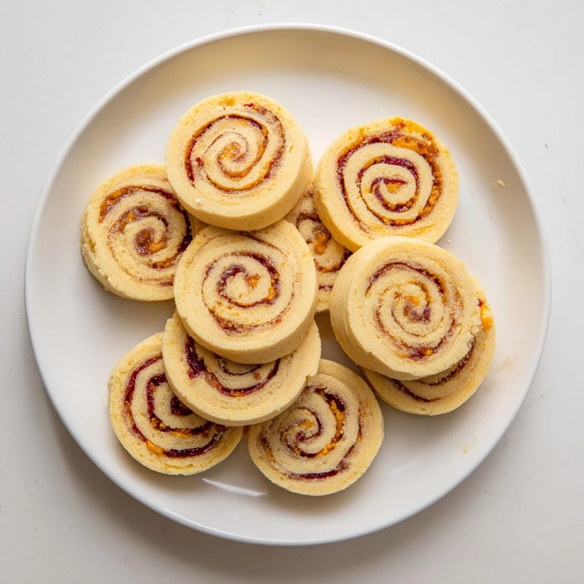 Golden orange cranberry pinwheel cookies swirled with tangy red filling on a white baking sheet