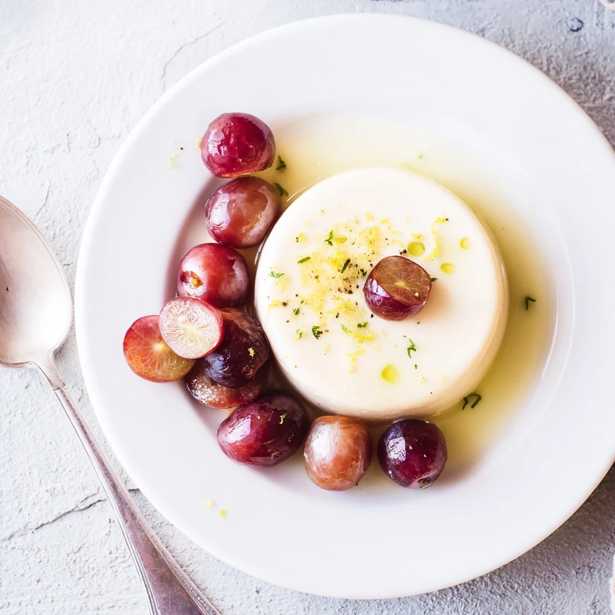 Creamy lemon panna cotta topped with roasted and fresh red grapes