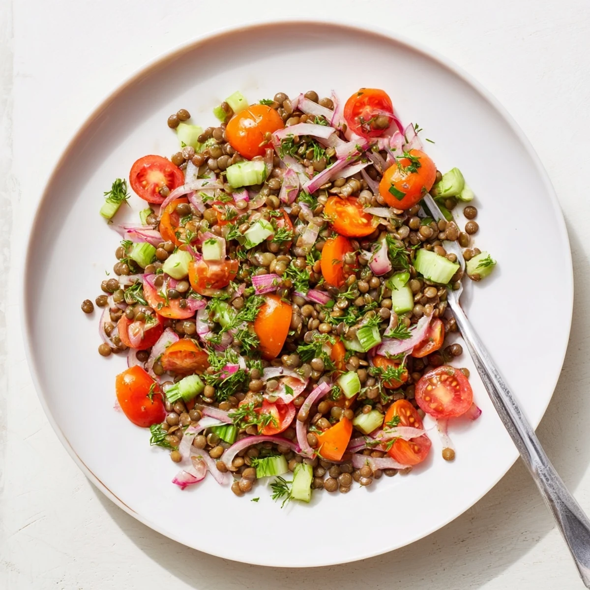 Close-up overhead view of French Lentil Salad with Zesty Dijon Vinaigrette displaying speckled Puy lentils, bright red onion, cherry tomatoes, and chopped parsley tossed in tangy mustard dressing