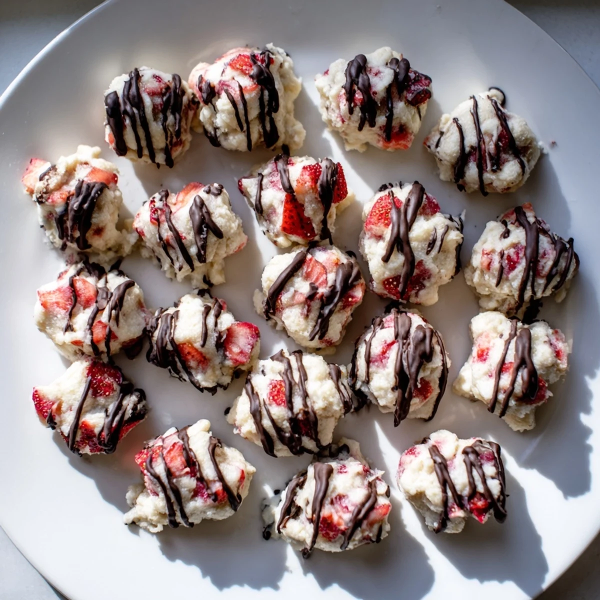 Frozen strawberry high protein yogurt bites arranged on a parchment-lined baking sheet with fresh red fruit chunks visible throughout each creamy white bite.