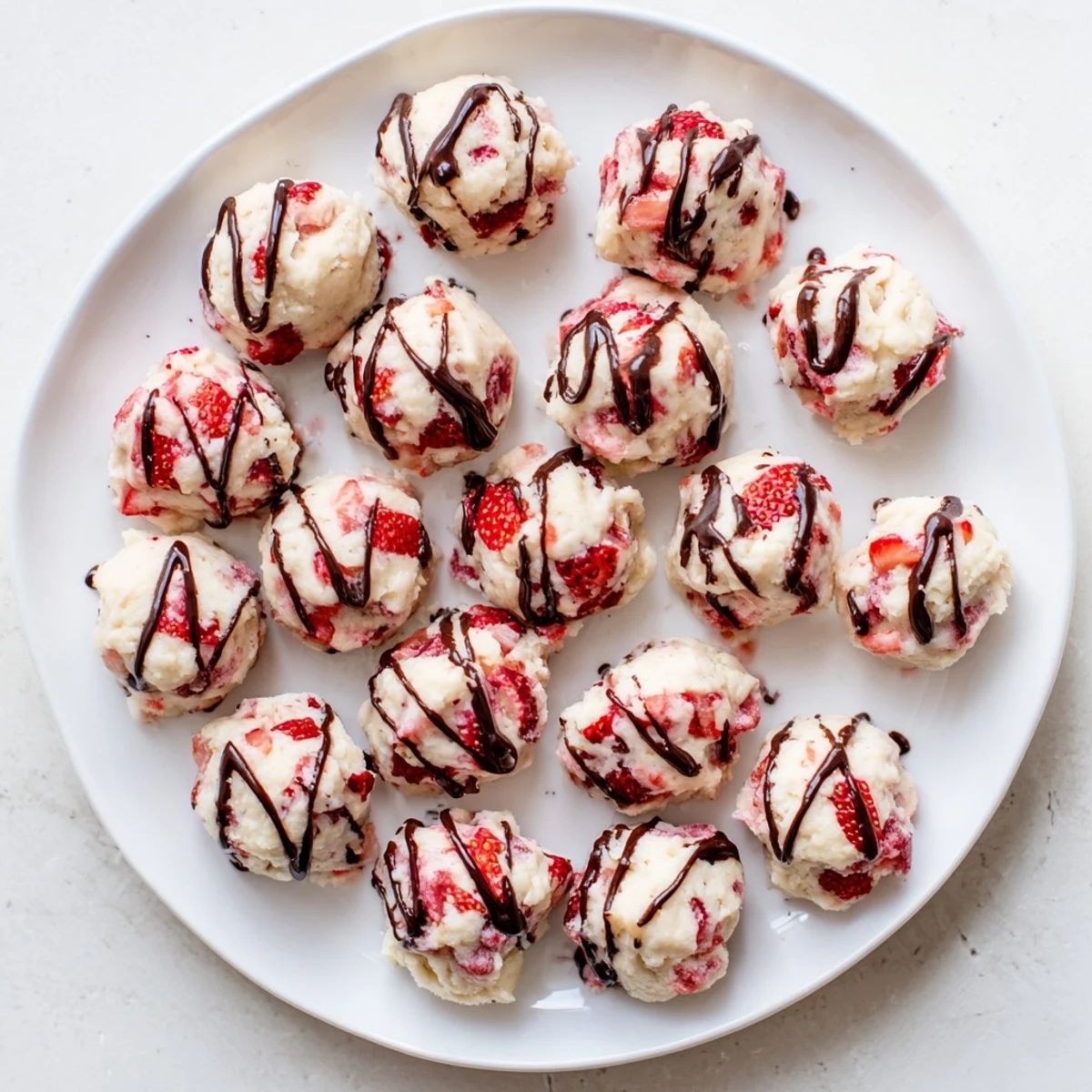 Close-up view of strawberry high protein yogurt bites showing pink diced berries folded into smooth Greek yogurt mixture in a glass bowl.