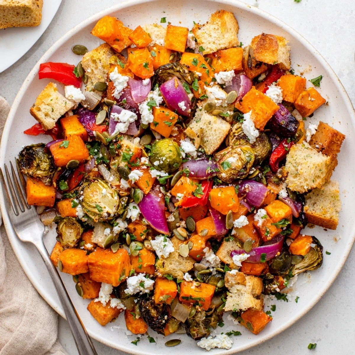 Golden roasted fall vegetables tossed with crispy bread cubes in a rustic wooden bowl