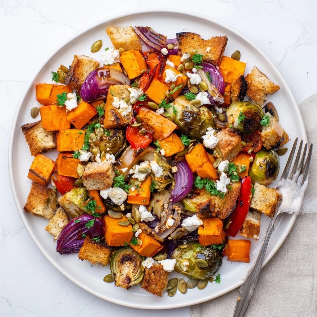 Colorful autumn vegetable panzanella salad with feta and pumpkin seeds on a white platter